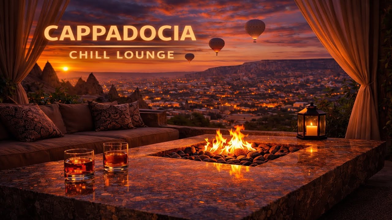 Cappadocia Chill House 🌅 Sunset Lounge Music with Fire & Hot Air Balloons (4K Relaxing Ambient)