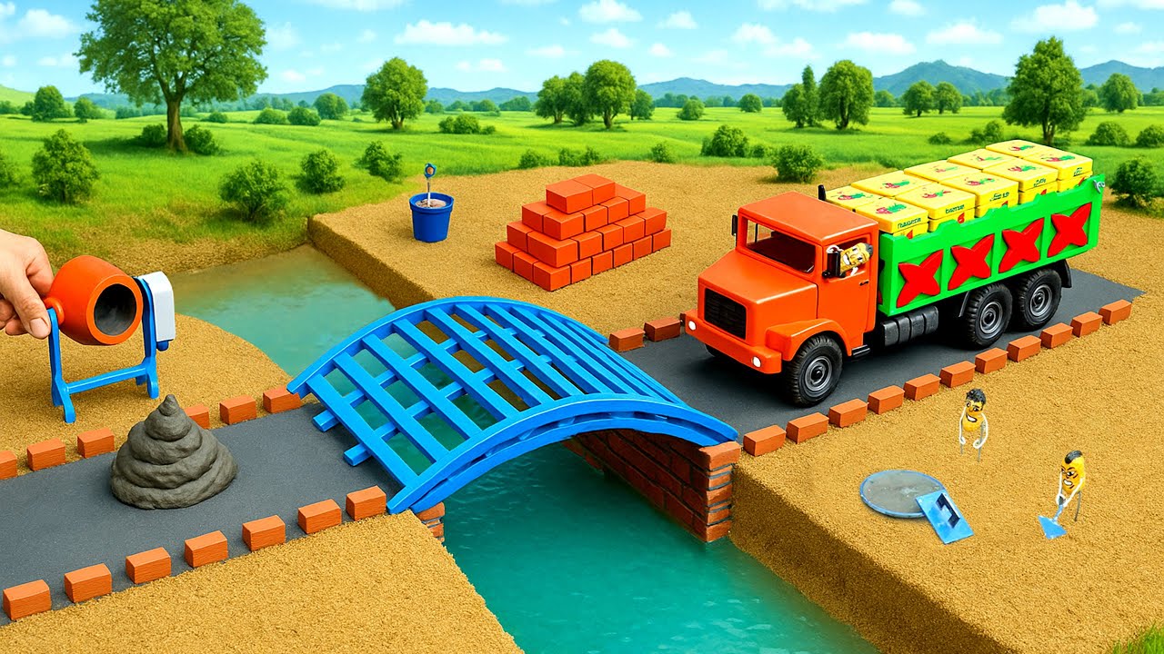 DIY Mini Truck Builds Brick & Metal Railing Bridge | Fun Construction Science Project
