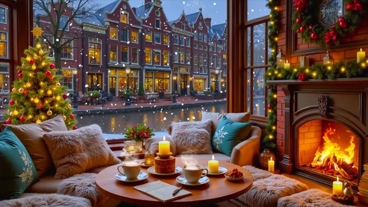 Winter Christmas Cafe Atmosphere 🎄☕ Soft Jazz Music & Crackling Fireplace for Focus & Relaxation