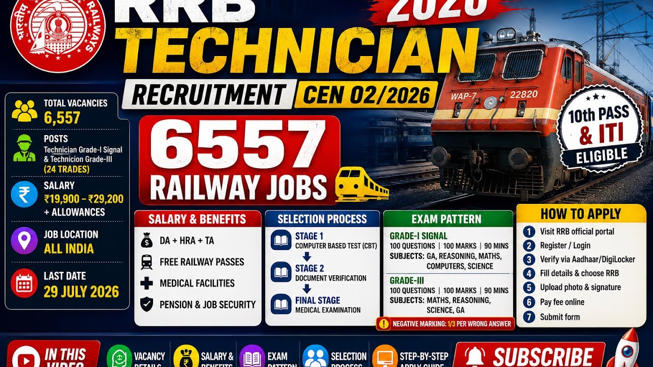 RRB Technician 2026 🔥 6557 Vacancies | 10th + ITI Jobs 🚆 Salary ₹29,200 | Apply Now @JOBTALKS4U 