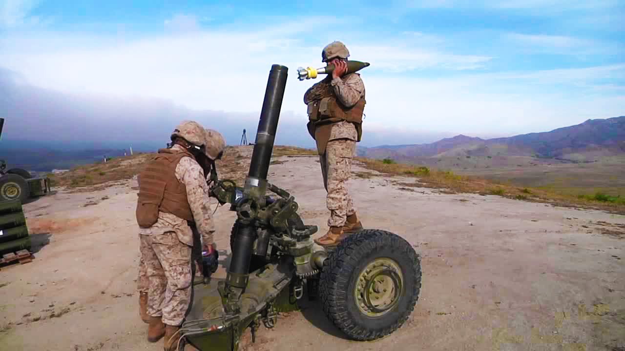 Artillery Marine M-327 Towed Rifle Mortar Weapon Live Fire