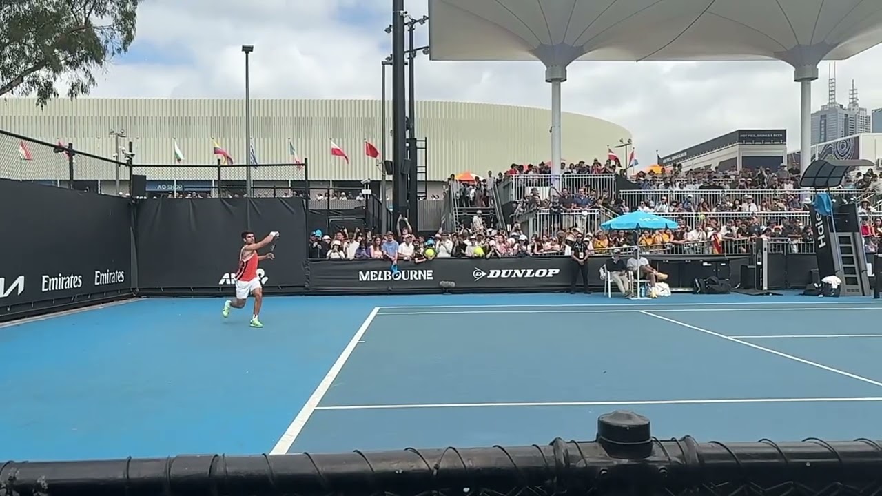 Carlos Alcaraz forehand return court view slow motion AO 2026 