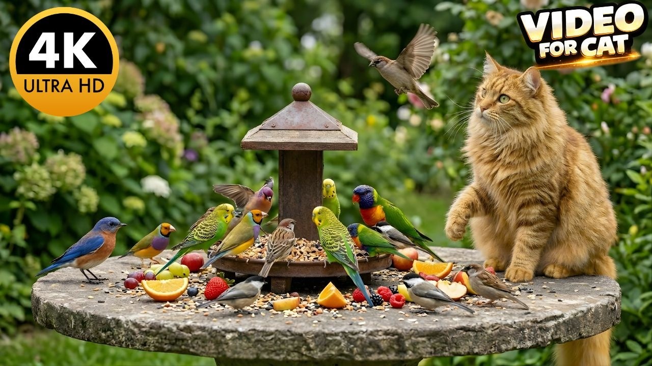 CAT TV NO ADS 😻 Busy Little Birds and Playful Red Squirrels at the Forest Feast