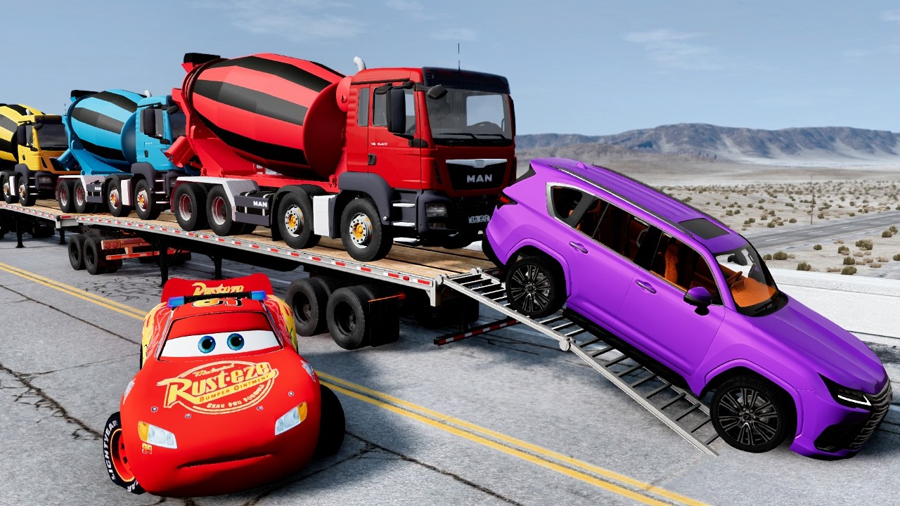 Flatbed Truck Mcqueen  Transportation with Truck   Pothole vs Car #36  BeamNG Drive 2
