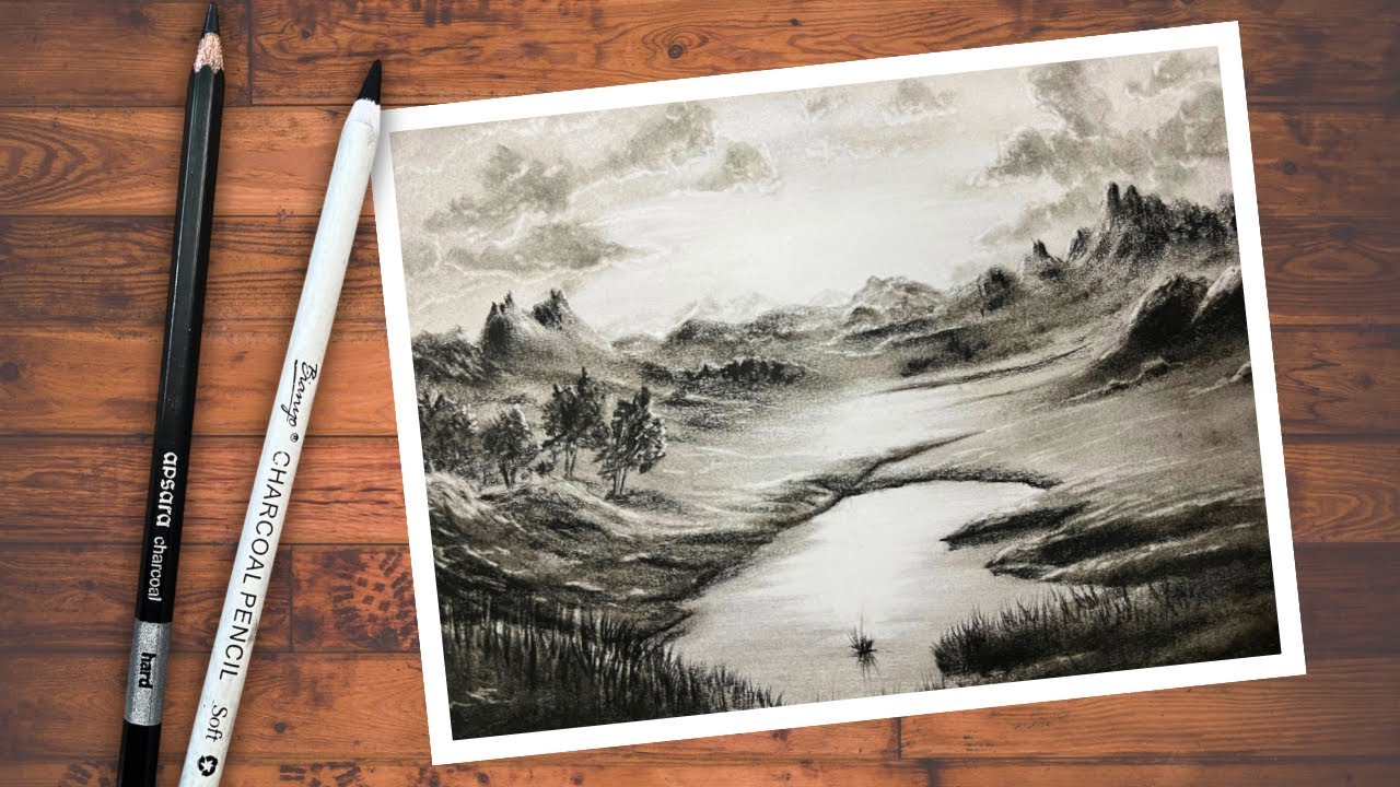Beautiful Charcoal Landscape Drawing | Realistic Mountain & Lake Scenery Sketch