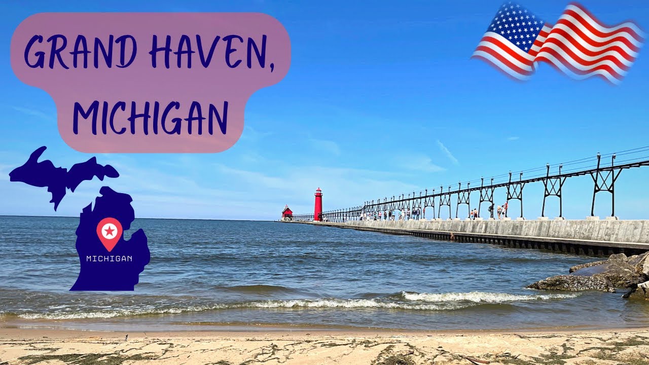 Grand Haven, Michigan Walking in downtown lighthouse beach and lake Michigan