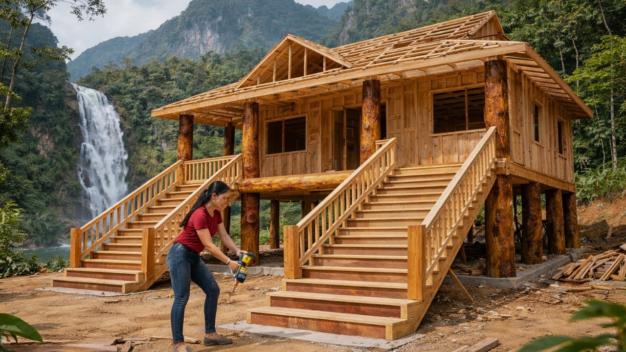 Building a Sturdy Wooden Staircase Leading to a House Above , Surviving Alone in the Forest