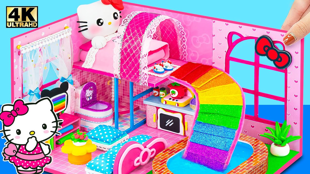 How To Make Hello Kitty Mansion with Bedroom, Kitchen, Rainbow Slide Pool ❤️ DIY Miniature House #5