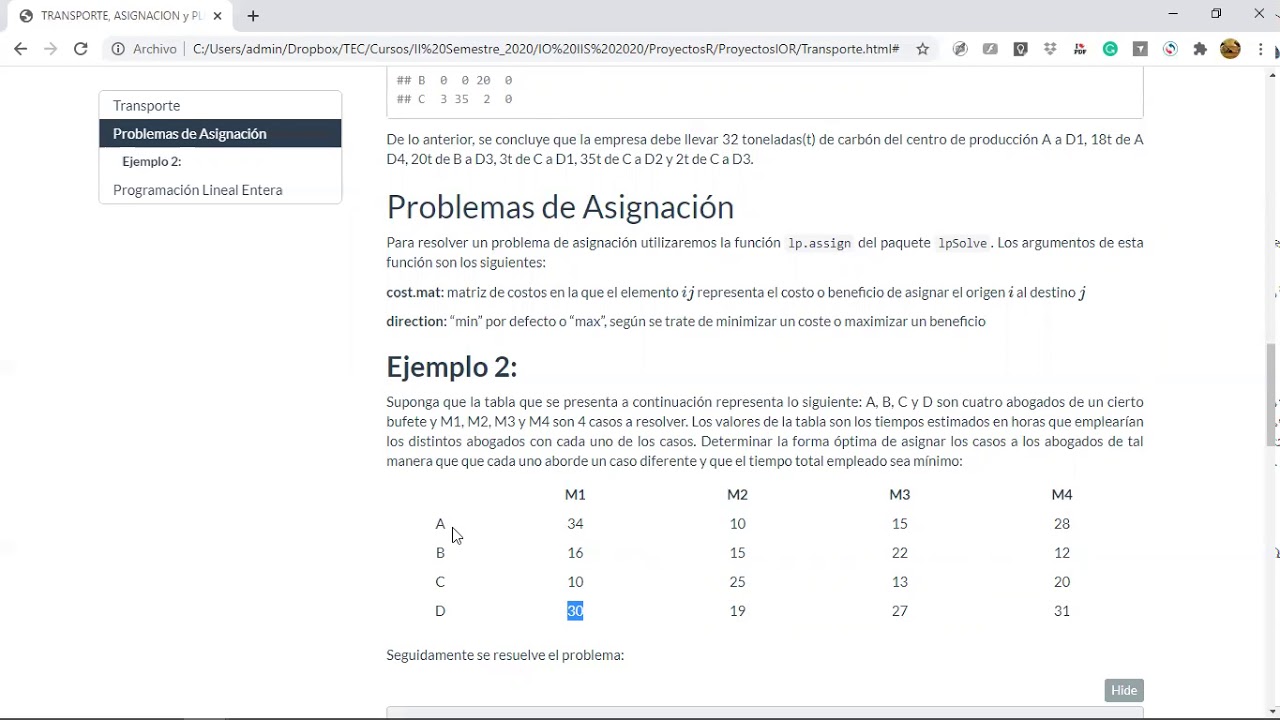 Video Prob Transporte, asignación y PLE con R 22 10 2020