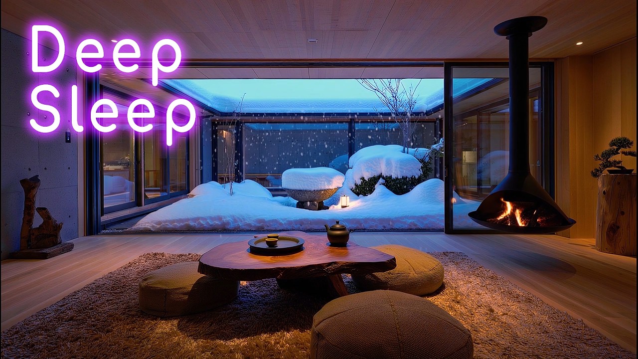 2H Fall Asleep 🏮 Cozy Japanese Lounge ❄️ Snowfall + Fireplace (No Music)