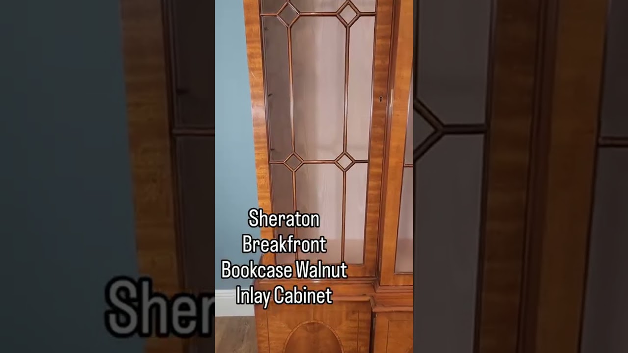 Sheraton Breakfront Bookcase Walnut Inlay Cabinet #sheratonbookcase #canonburyaniques #antiques