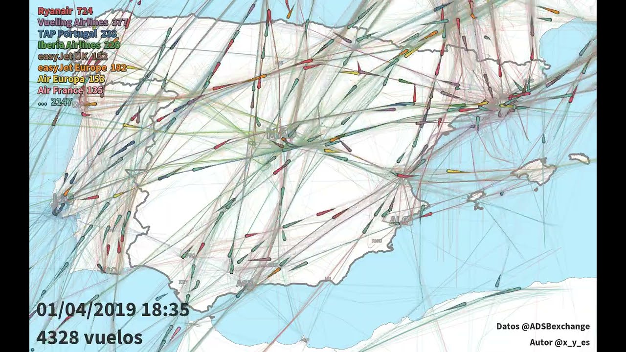 Tráfico aéreo sobre la península ibérica el día 1 de abril de 2019.