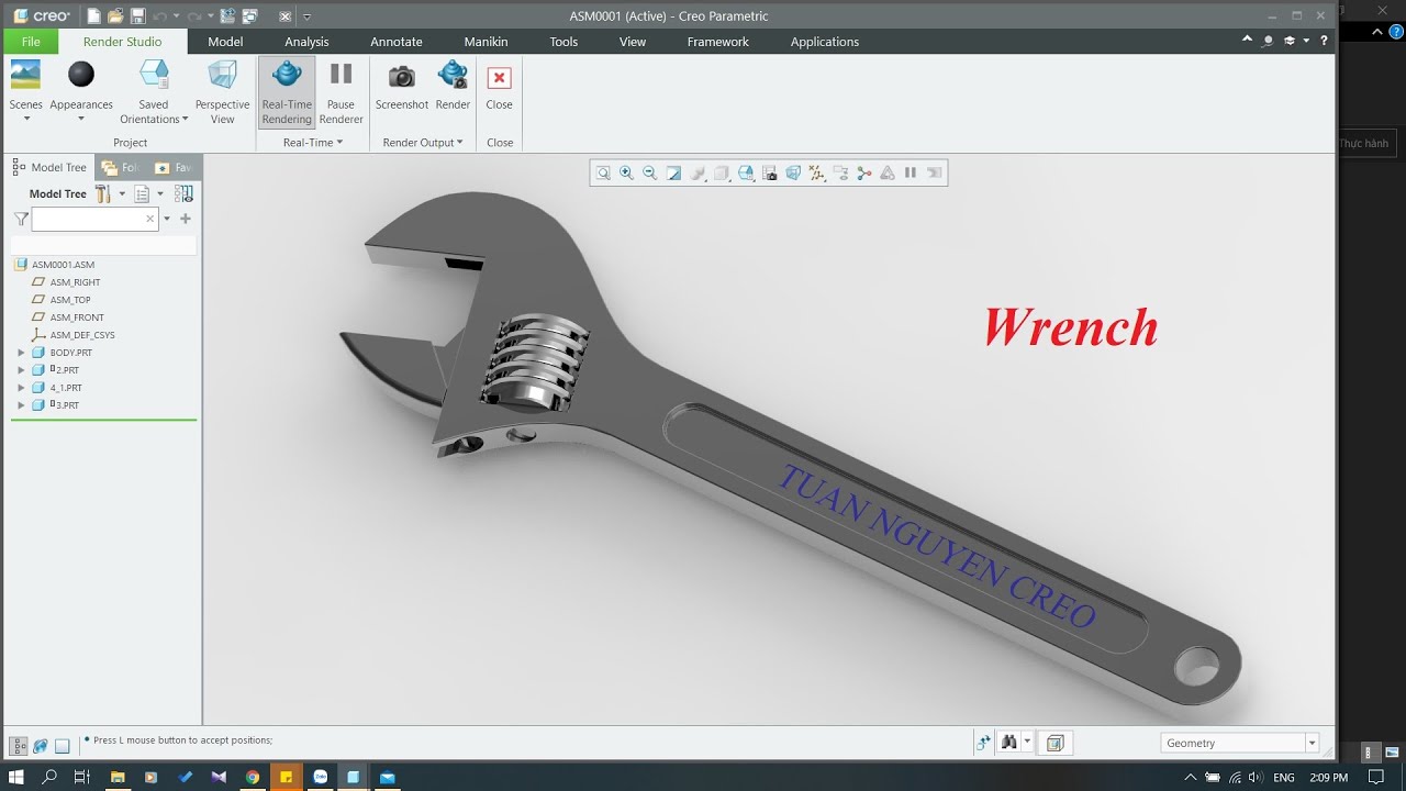 [CREO TUẤN NGUYỄN] Part Tutorial - Bài 15: Thiết kế Mỏ lết (Wrench)  trên Creo Parametric.