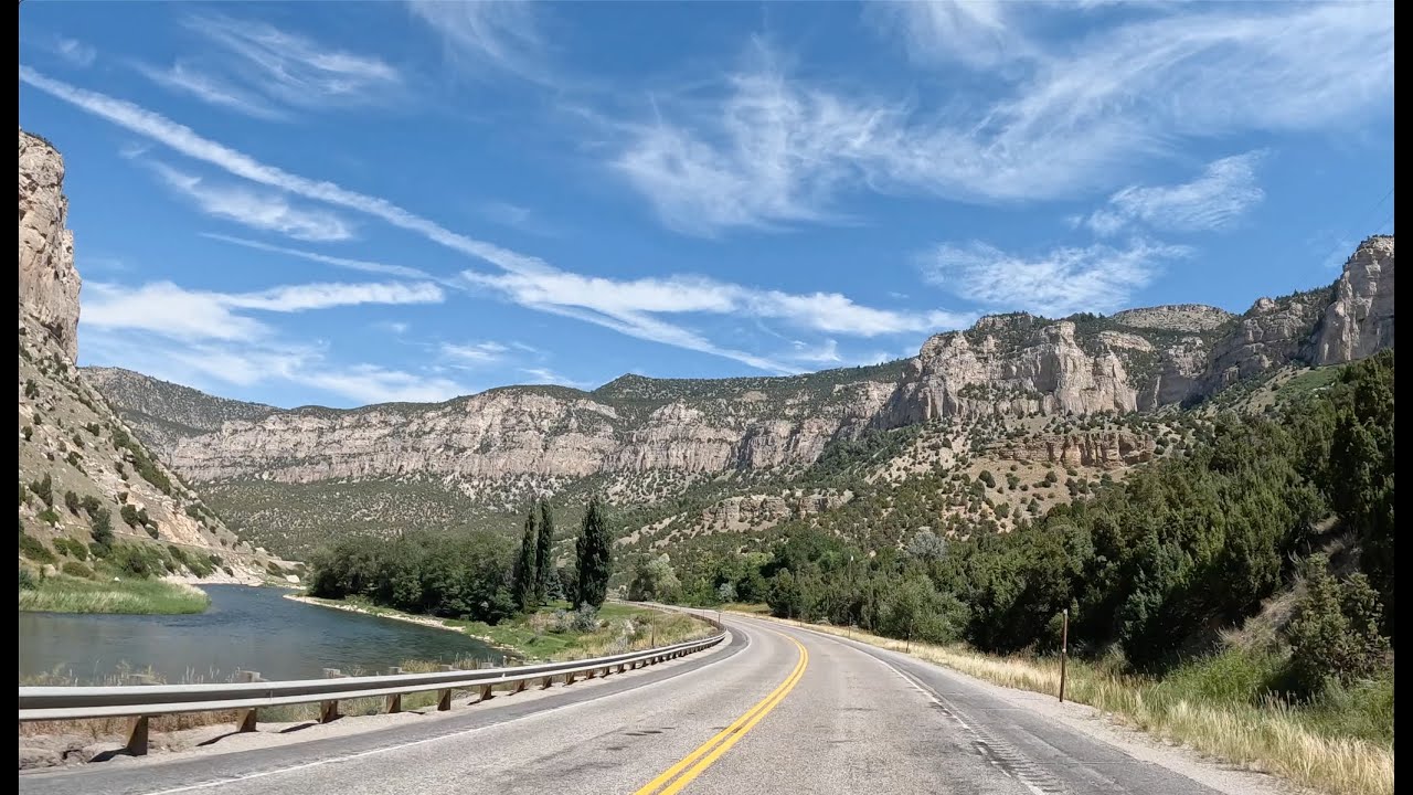 Driving through scenic Wind River Canyon in Wyoming