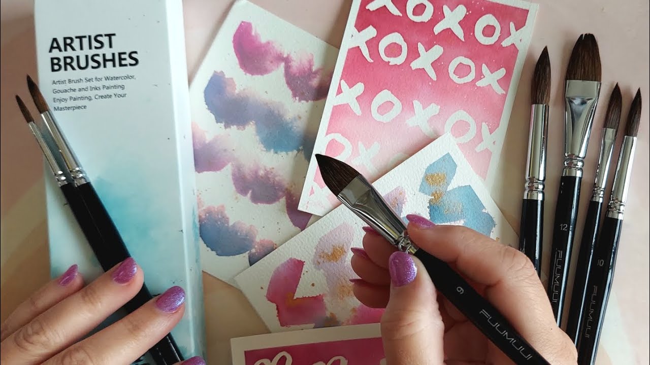 @fuumuuiart6876 Kolinsky Sable 7pc Variety Brush Demo|Valentine's Day Inky Card Art!