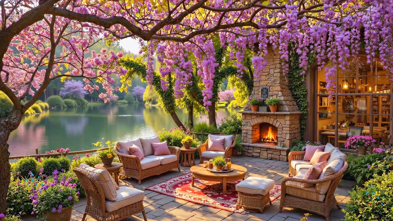 Peaceful Spring Garden by the Lake 🌸🔥 Soft Piano, Fireplace Glow & Singing Birds for Relaxation