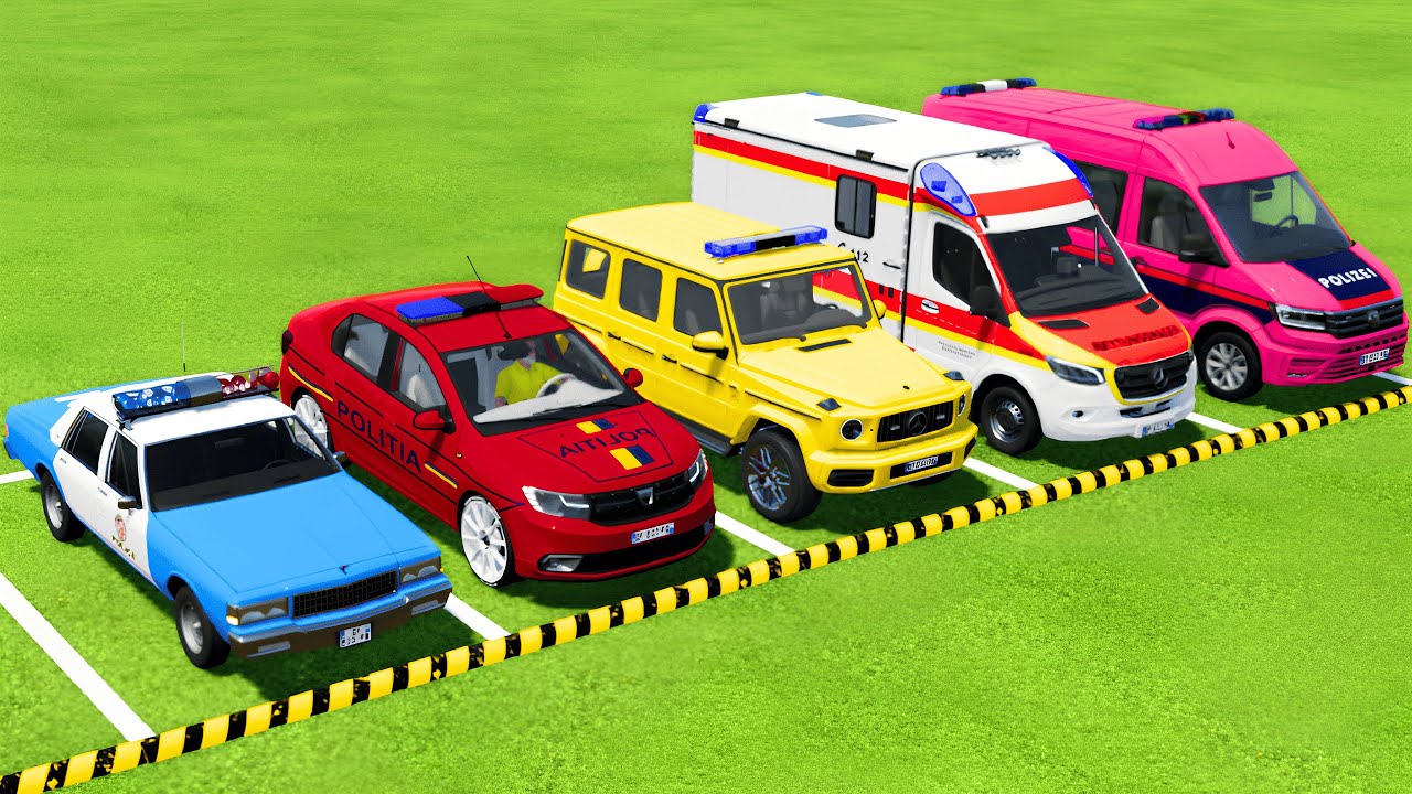 CHEVROLET, DACIA, VOLKSWAGEN POLICE CARS & MERCEDES AMBULANCE EMERGENCY VEHICLES TRANSPORTING ! FS22