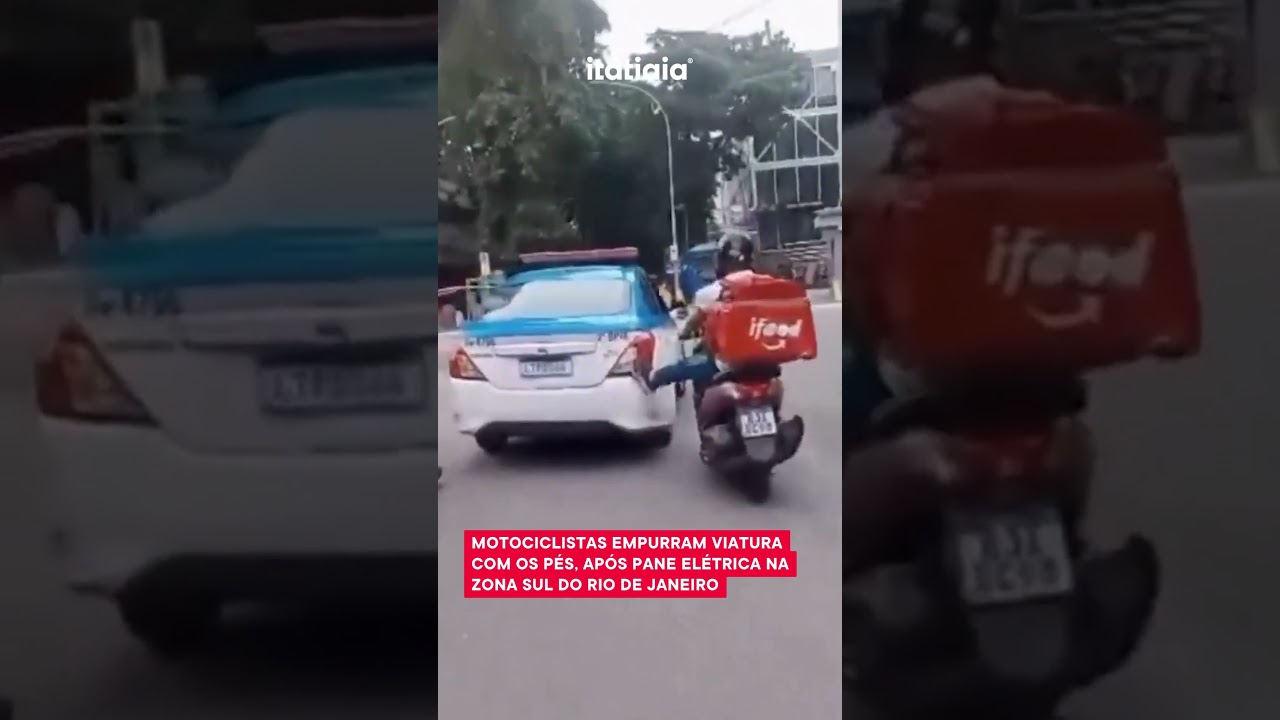 RJ: MOTOCICLISTAS EMPURRAM COM OS P&Eacute;S VIATURA DA PM QUE SOFREU PANE EL&Eacute;TRICA
