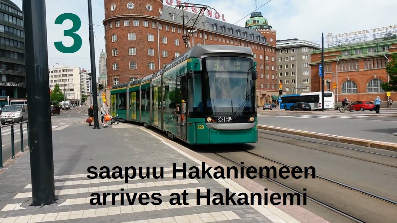 Linjan 3 raitiovaunu saapuu Hakaniemeen | Line 3 tram arrives at Hakaniemi