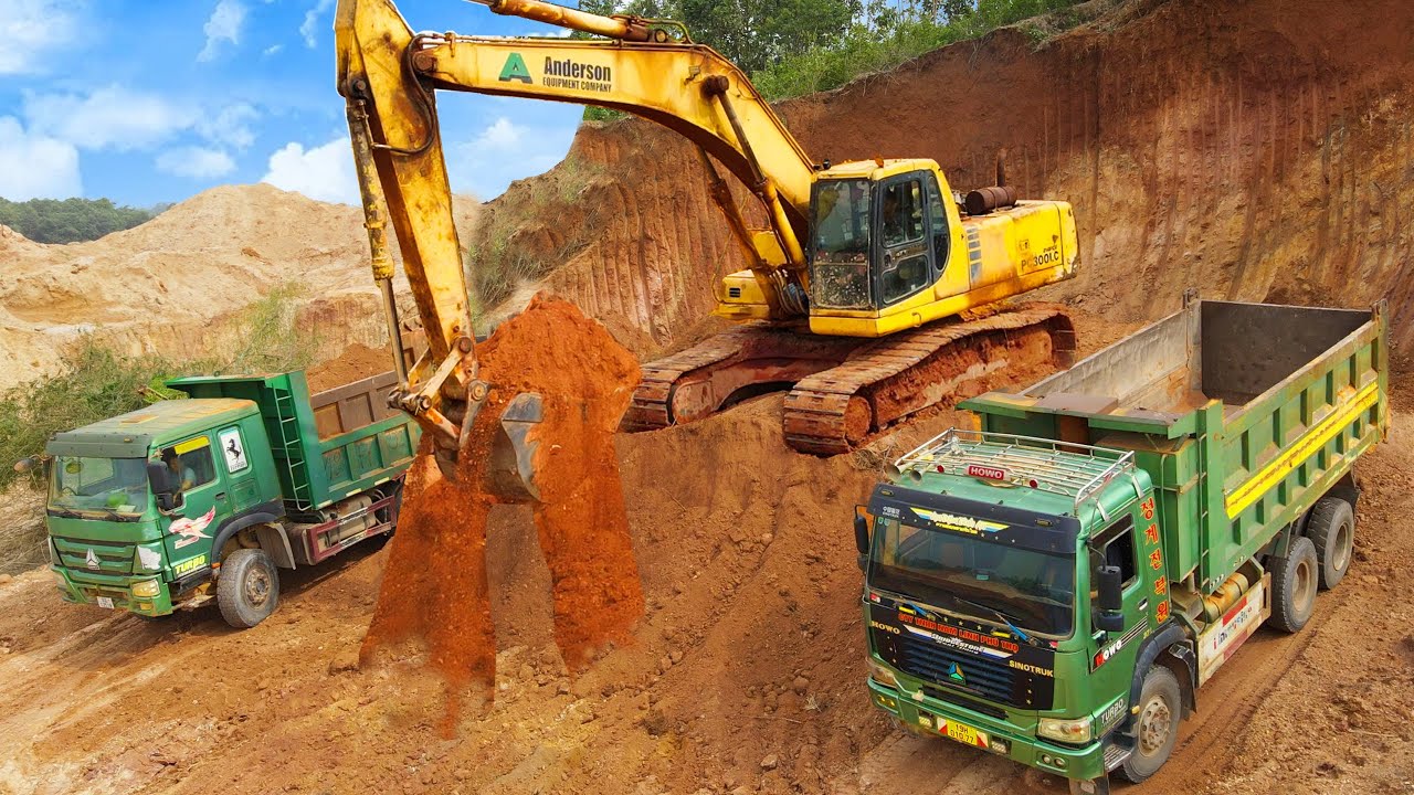 Excavator Loading Mercedes & MAN Trucks Transport Soil on Construction Site, Sotiriadis Mining Works