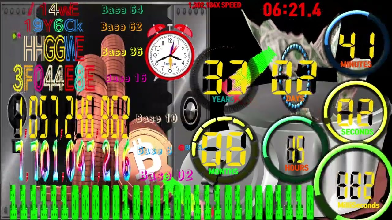 numbers 0 to 1073741823 using Base 2, 8, 10, 16, 36, 62, 64 countup timer  alarm🔔speedfeeling