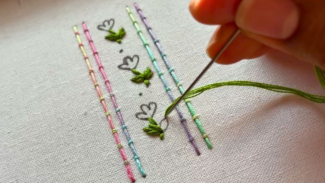 Easy Hand Embroidery Border Design | Couching Stitch & French Knot Tutorial