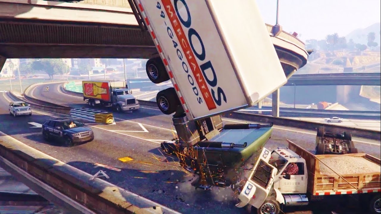 GTA 5 - EPIC Random bridge Crashes and Pile Ups [Epic Slow Motion moments]