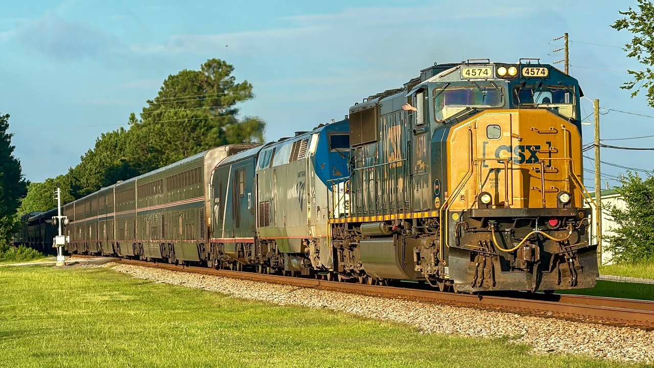 CSX SD70MAC Leads Amtrak Auto Train at 70MPH!