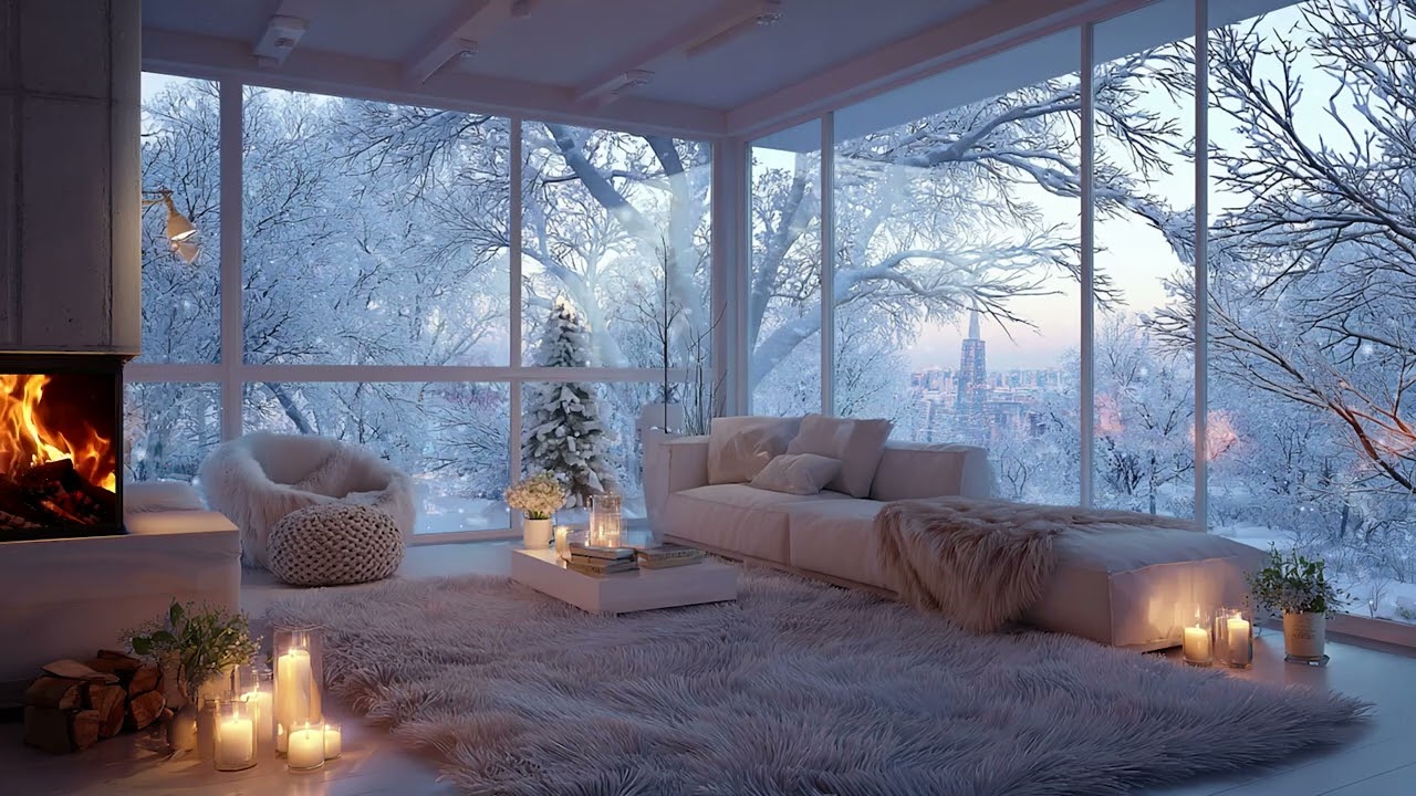 Soul-Soothing Winter Ambience with Snow Wind Beyond the Window and Fireplace Crackling