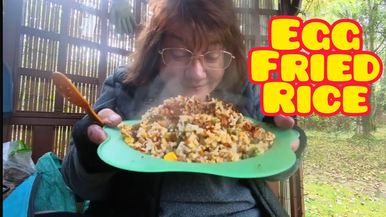 OUTDOOR COOKING IN THE GAZEBO egg fried rice on the twig stove
