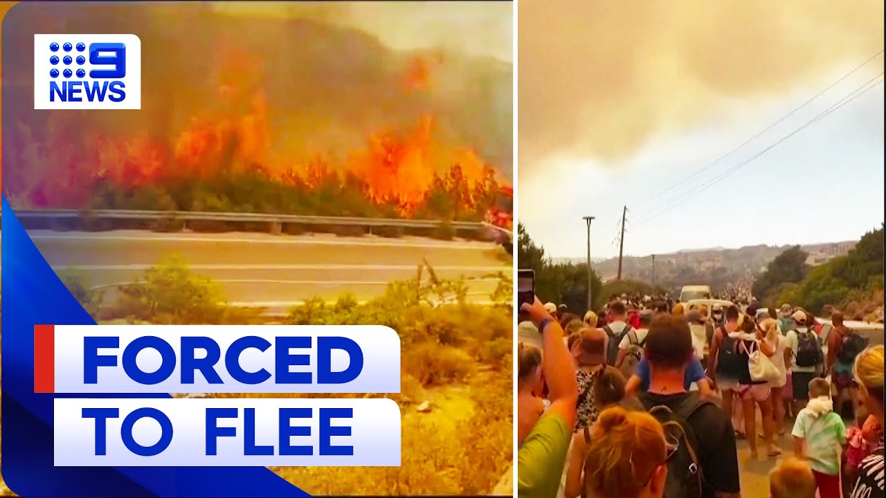 Growing wildfire causes evacuations on the Greek island of Rhodes | 9 News Australia