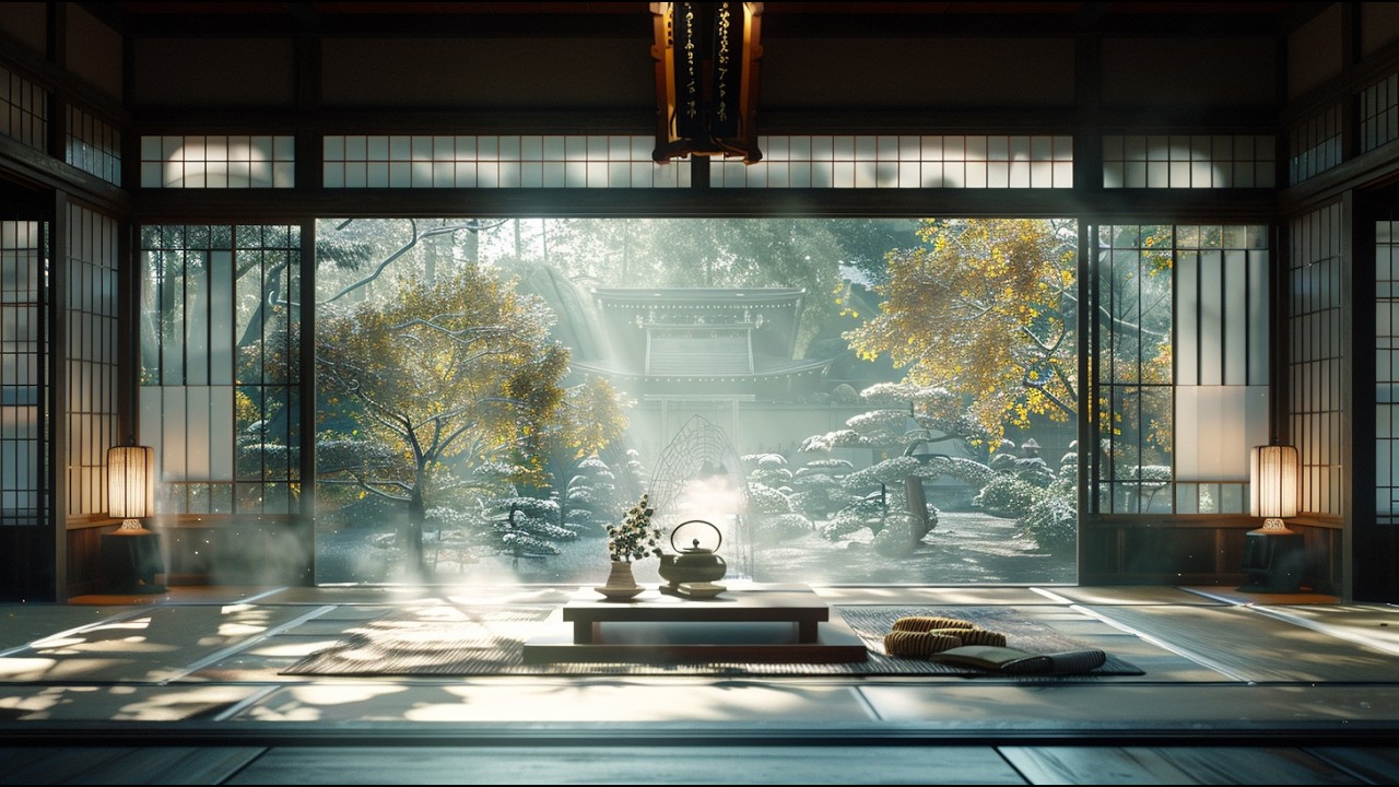 Japanese Winter Fireplace Ambience with Relaxing Background Music for Study and Sleep
