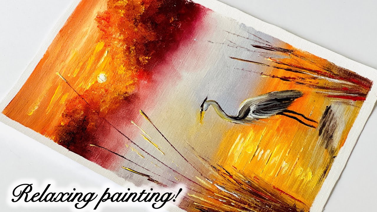 Easy Sunset Oil Painting 🌅 Bird by the Lake | Step by Step Tutorial 