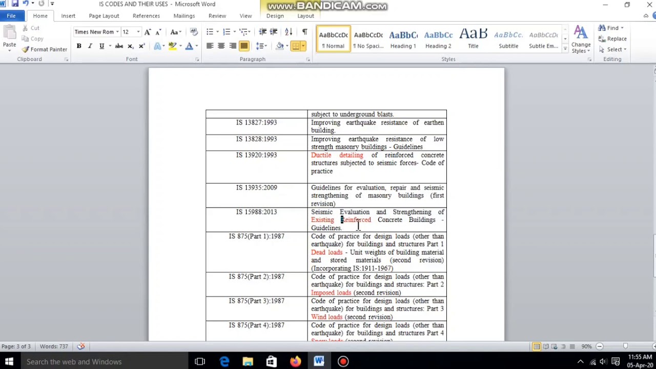 LIST OF IS CODES USED FOR  ANALYSIS AND DESIGN OF STRUCTURE