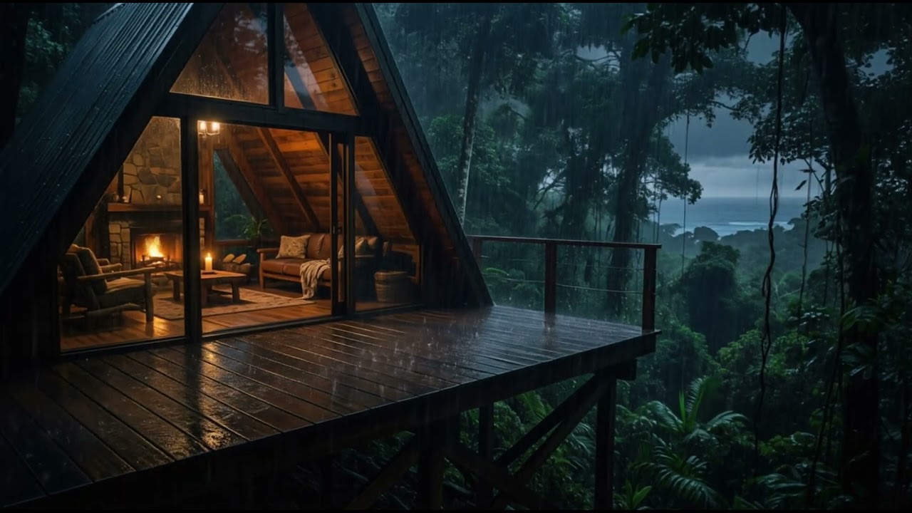 Heavy Rain in a Dark Luxury Jungle Treehouse | Deep Sleep | 10 Hours No Ads