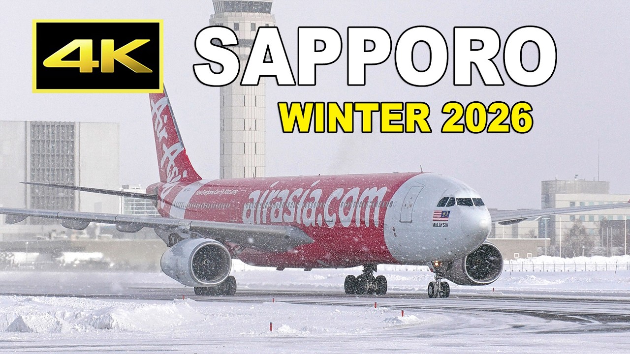 [4K] 新千歳空港の雪景色に鮮やかな赤が映える！ エアアジア Airbus A330（2026年1月）/ Sapporo New Chitose Airport  in winter 2026
