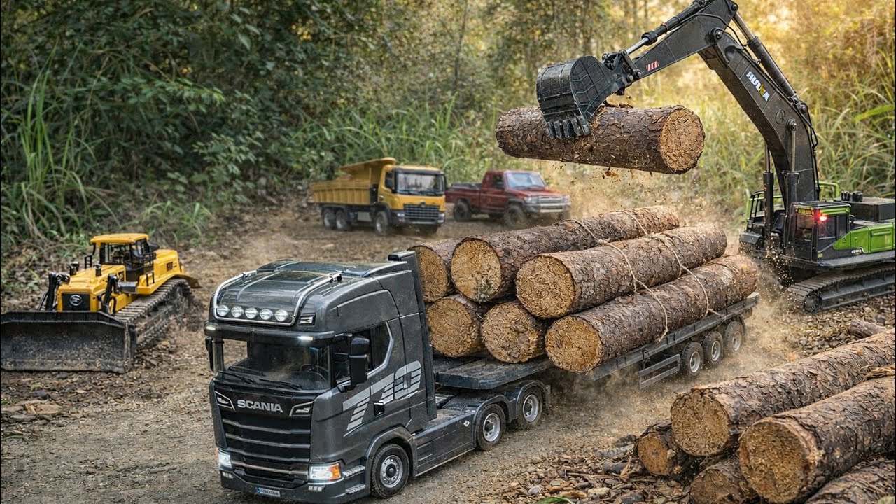 RC Semi Truck Transporting Logs on Sandy Road