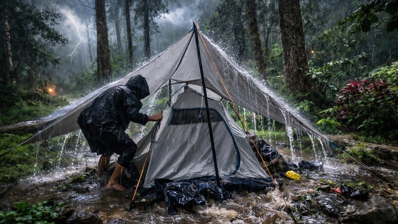 Trapped in a Storm: 4 Days Camping Alone by the River in Heavy Rain