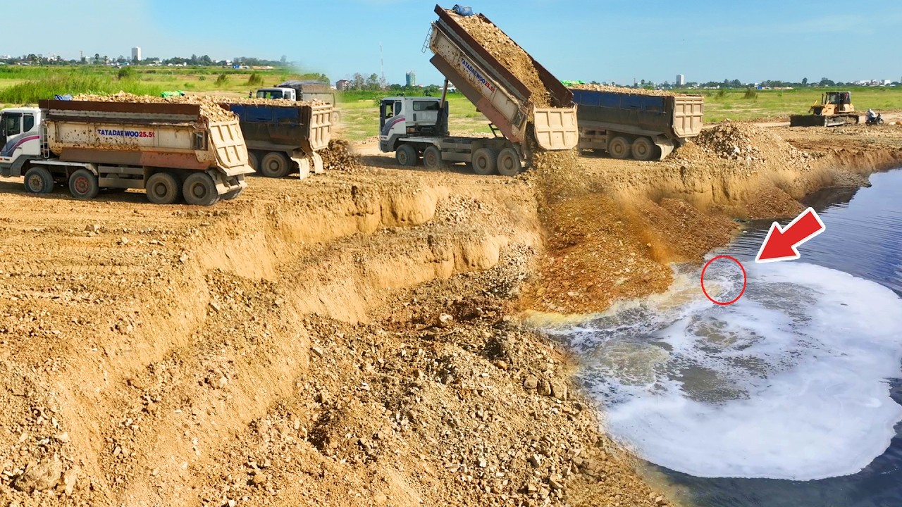 Amazing new project update operation today Komatsu D60p bulldozer expert pushes rock into deep water