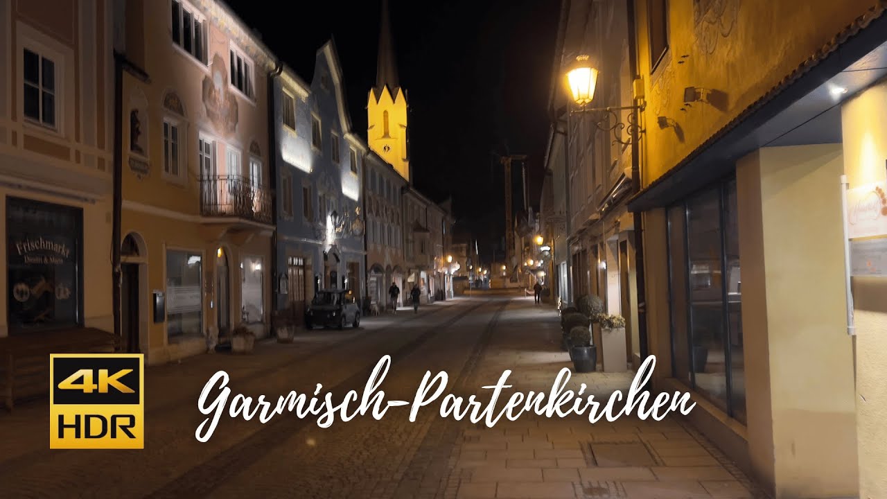 Garmisch-Partenkirchen, Germany - Enchanting Night Walk to Historische Ludwigstra&szlig;e -  4K60 HDR