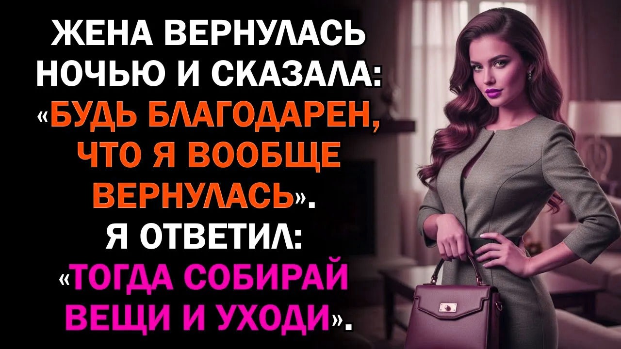Жена вернулась ночью и сказала: «Будь благодарен, что я вообще вернулась». Я ответил: «Тогда...