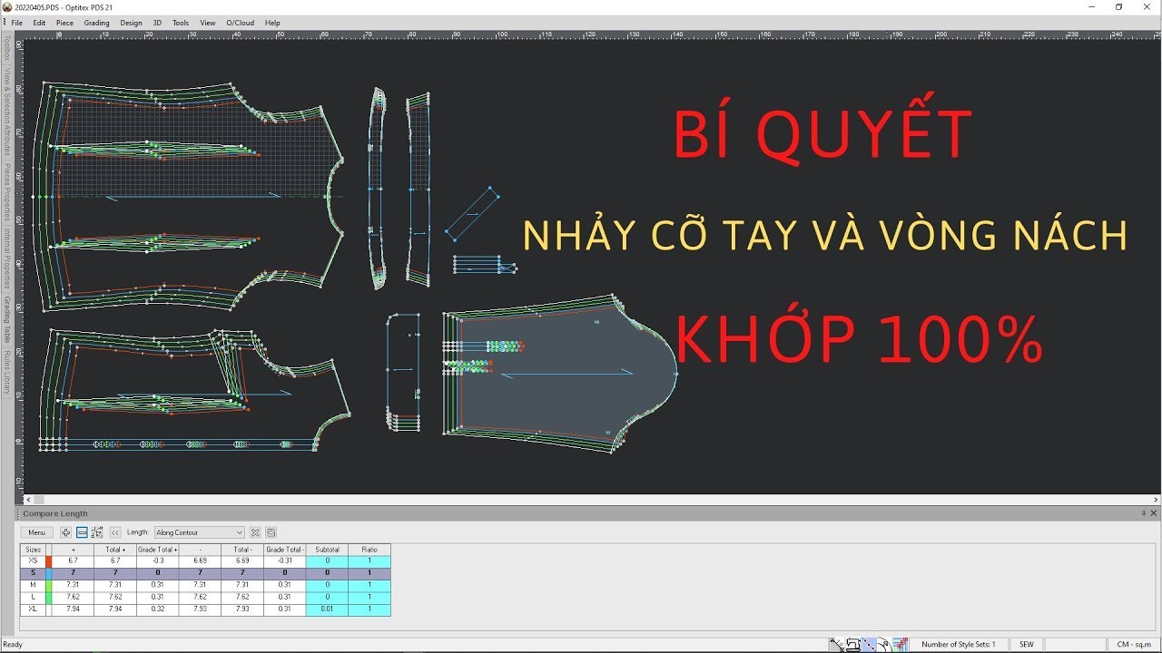 Nhảy cỡ tay áo khớp vòng nách 100% trên phần mềm Optitex / Match Segment