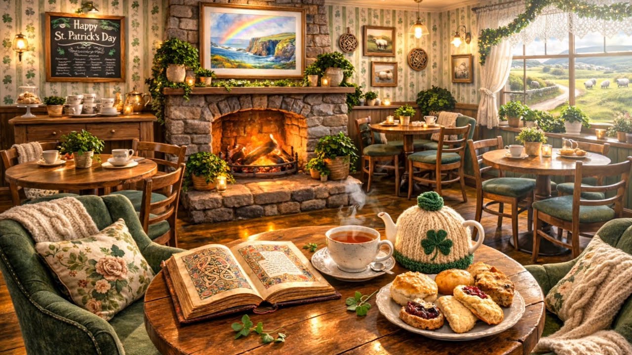 Cozy Irish Café Fireplace 🍀 St. Patrick’s Day Ambience | Relaxing Holiday Screensaver