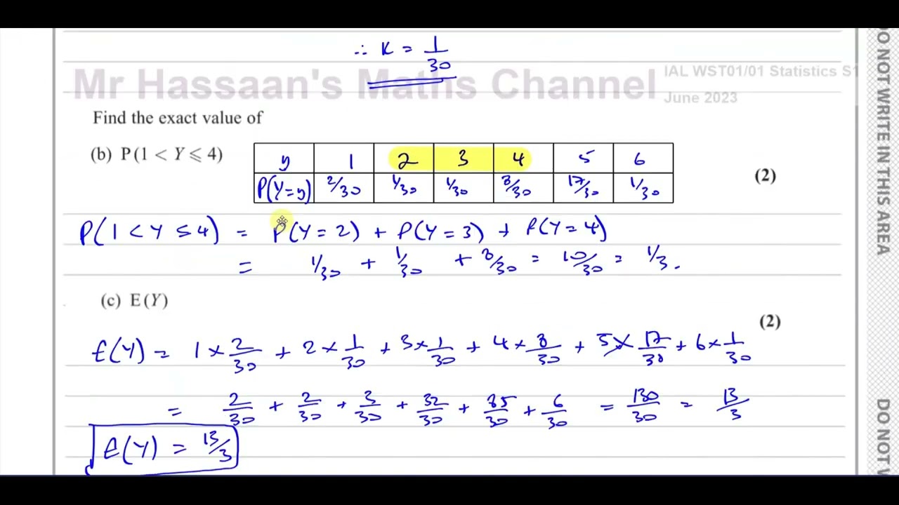 WST01/01, (Edexcel) IAL S1 June 2023, Q5, Discrete Random Variables, Expected Values, Variance