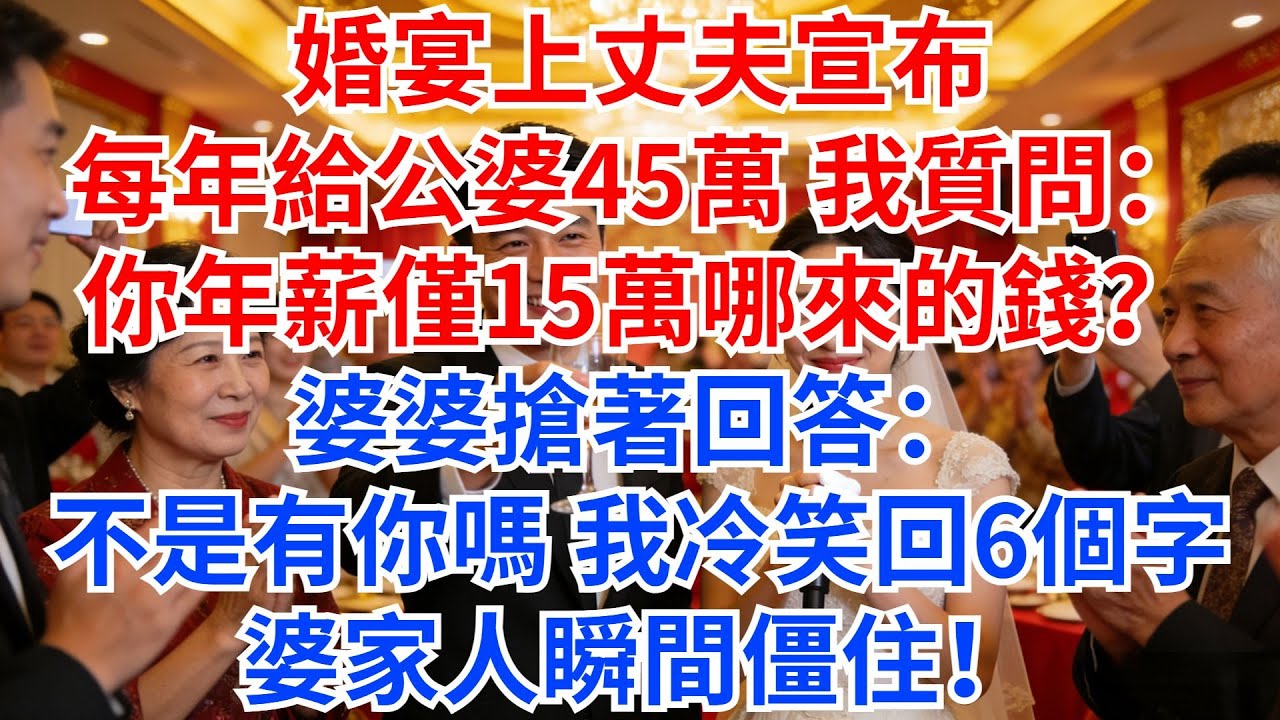 婚宴上，丈夫宣布每年給公婆45萬，我質問：你年薪僅15萬，哪來的錢？婆婆搶著回答：不是有你嗎？我冷笑回6個字，婆家人瞬間僵住！#家庭矛盾 #故事分享 #情感故事 #家族恩怨 #婆媳 #婚宴