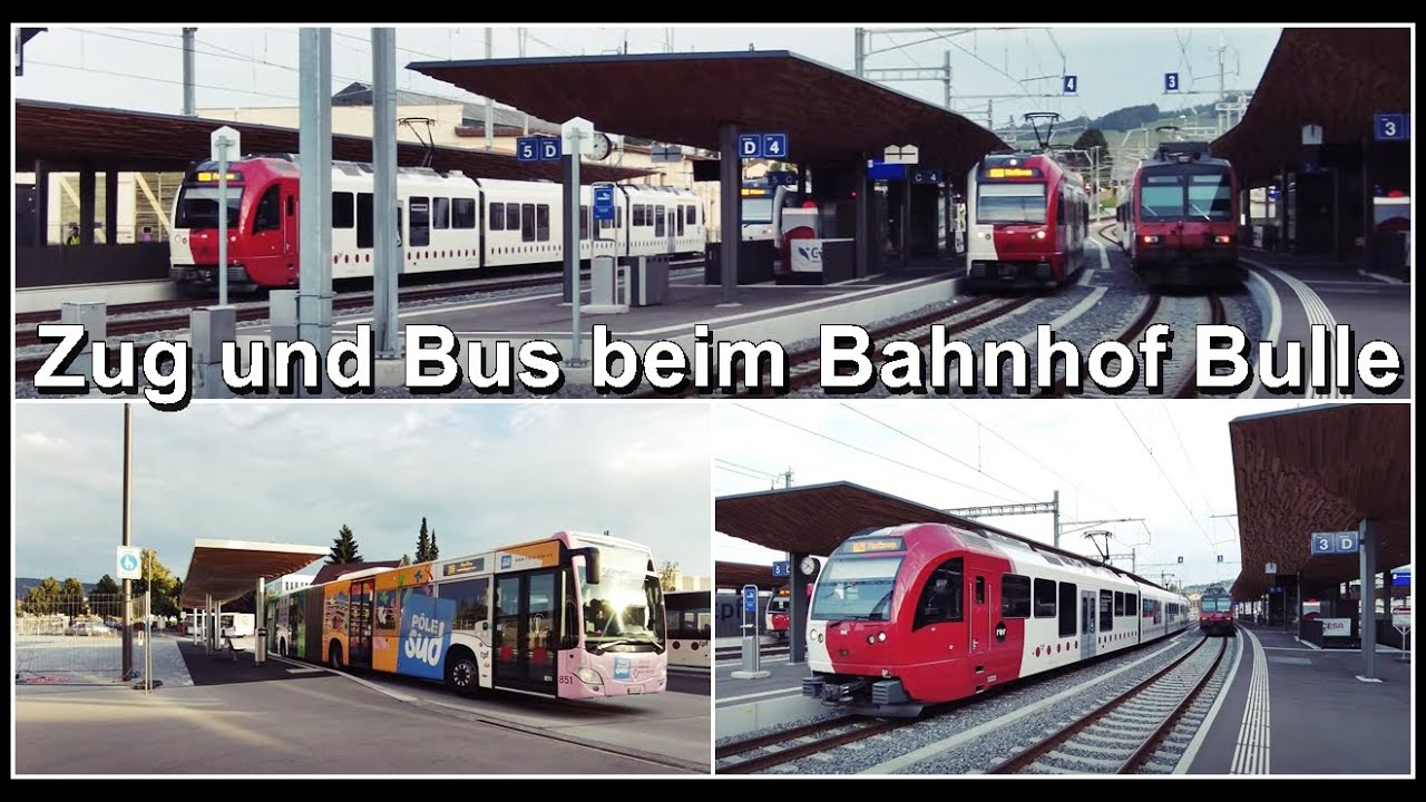 Busse und Züge beim Normal und Schmalspur Bahnhof Bulle | Kanton Freiburg | Schweiz 2023