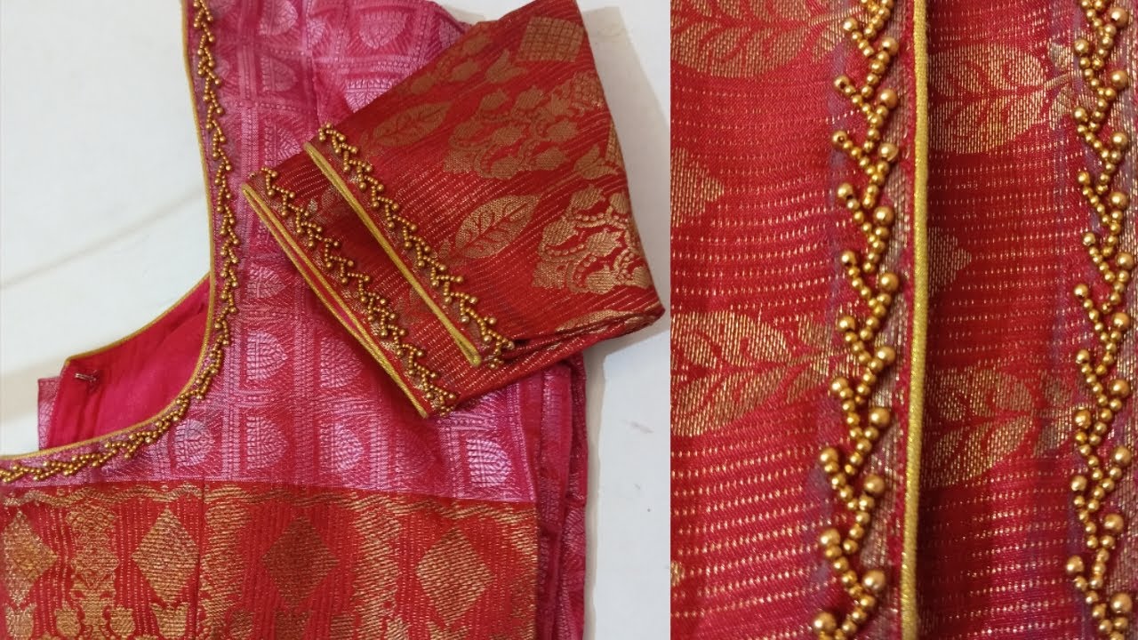 Simple and Easy bead work on stitched blouse aari work using normal needle part 5 #blousedesign 😎🤗