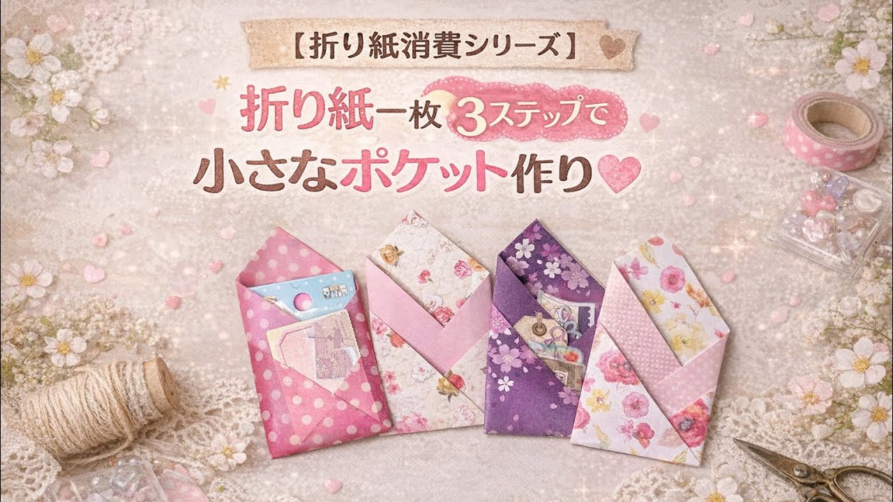 折り紙(デザペ)消費 3ステップで小さなポケット作り方♡ #折り紙 #おすそ分けファイル  #デザインペーパー #tutorial 