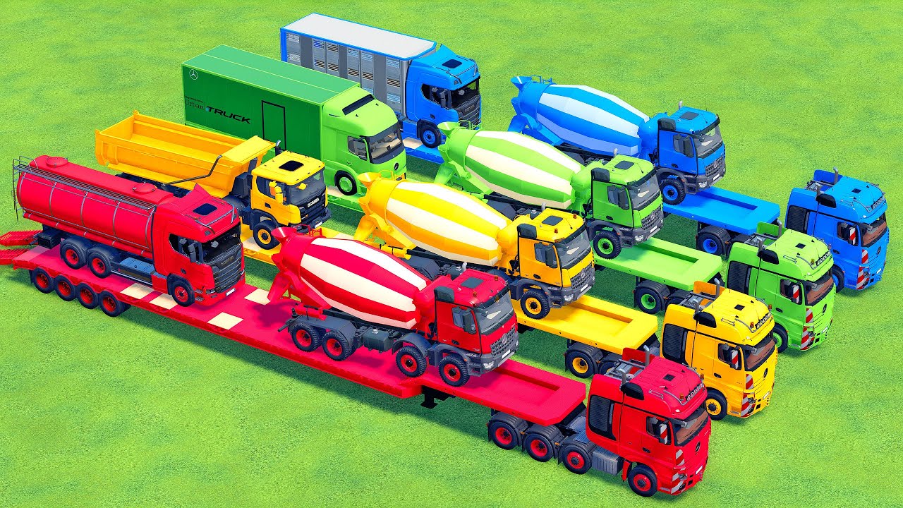 TRANSPORTING ALL COLOR MIXER TRUCK WITH DOUBLE FLATBED TRAILER TRUCK, SCANIA, MERCEDES, MAN - FS22