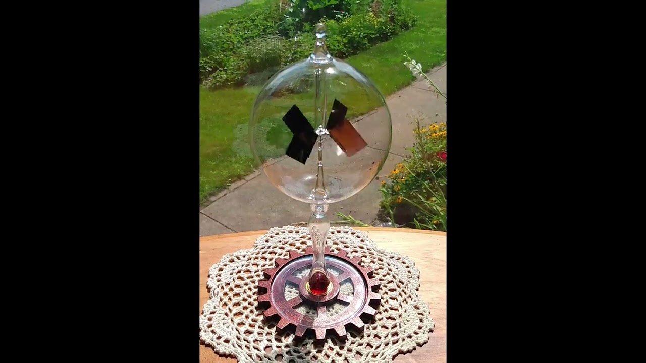 Steampunk Radiometer - Vintage Solar Crookes Radiometer with Hardwood Cog Gear Base